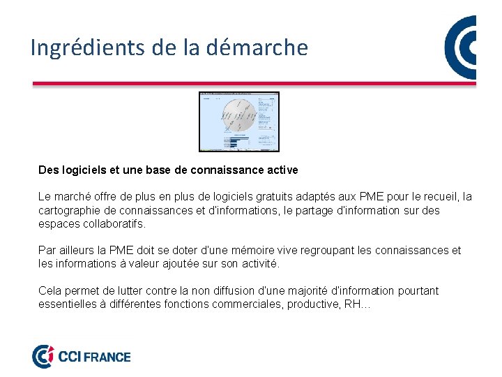 Ingrédients de la démarche Des logiciels et une base de connaissance active Le marché