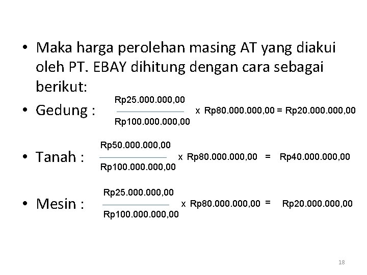  • Maka harga perolehan masing AT yang diakui oleh PT. EBAY dihitung dengan