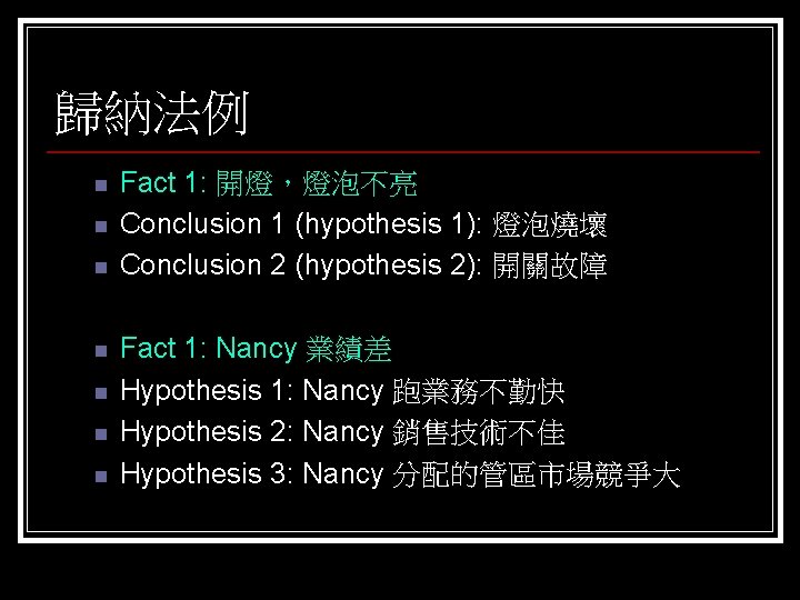 歸納法例 n n n n Fact 1: 開燈，燈泡不亮 Conclusion 1 (hypothesis 1): 燈泡燒壞 Conclusion