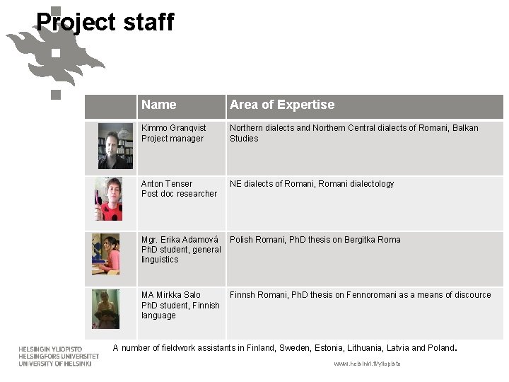 Project staff Name Area of Expertise Kimmo Granqvist Project manager Northern dialects and Northern