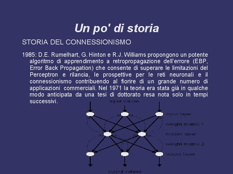 Un po' di storia STORIA DEL CONNESSIONISMO 1985: D. E. Rumelhart, G. Hinton e