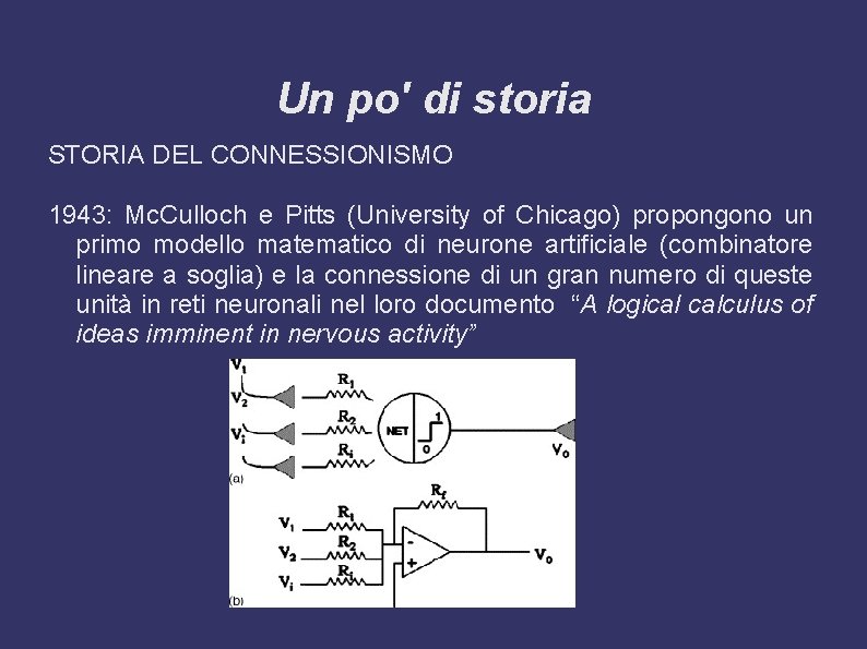 Un po' di storia STORIA DEL CONNESSIONISMO 1943: Mc. Culloch e Pitts (University of