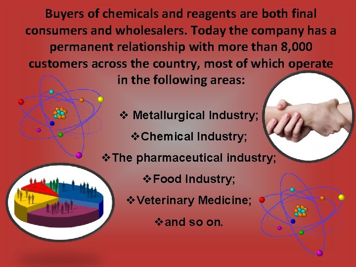 Buyers of chemicals and reagents are both final consumers and wholesalers. Today the company