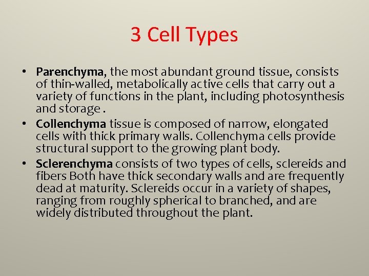 3 Cell Types • Parenchyma, the most abundant ground tissue, consists of thin-walled, metabolically
