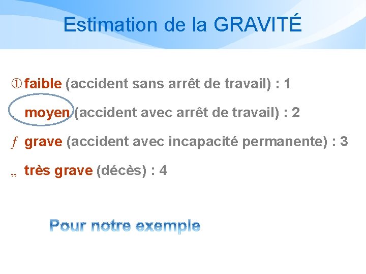 Estimation de la GRAVITÉ faible (accident sans arrêt de travail) : 1 ‚ moyen Estimation de la GRAVITÉ faible (accident sans arrêt de travail) : 1 ‚ moyen