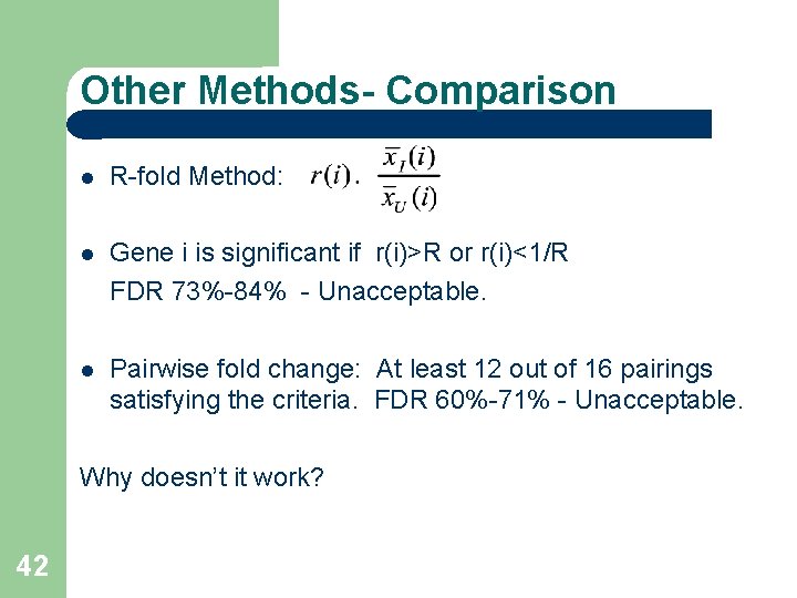 Other Methods- Comparison R-fold Method: Gene i is significant if r(i)>R or r(i)<1/R FDR