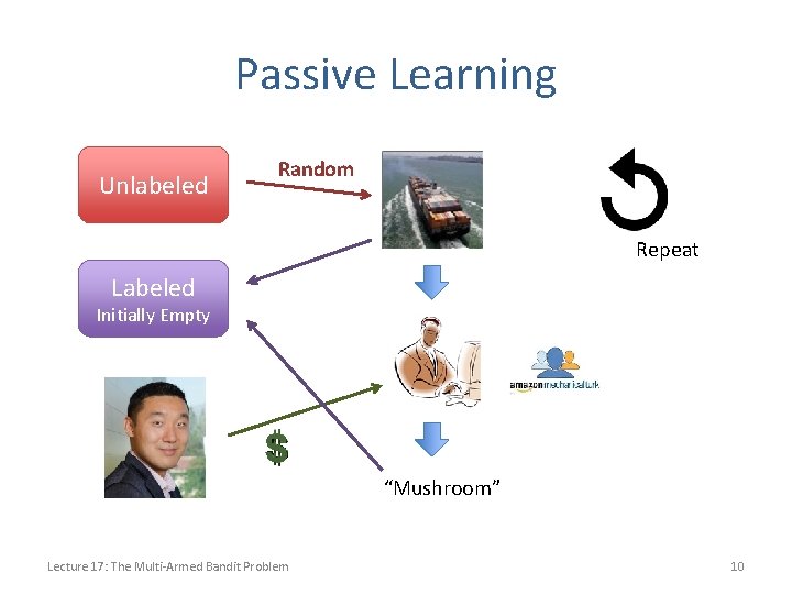 Passive Learning Unlabeled Random Repeat Labeled Initially Empty “Mushroom” Lecture 17: The Multi-Armed Bandit