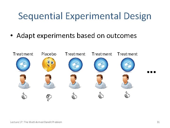 Sequential Experimental Design • Adapt experiments based on outcomes Treatment Placebo Treatment … Lecture