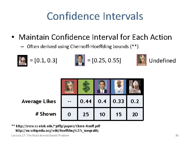 Confidence Intervals • Maintain Confidence Interval for Each Action – Often derived using Chernoff-Hoeffding