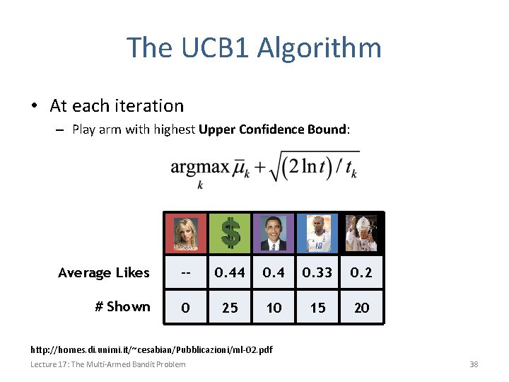 The UCB 1 Algorithm • At each iteration – Play arm with highest Upper