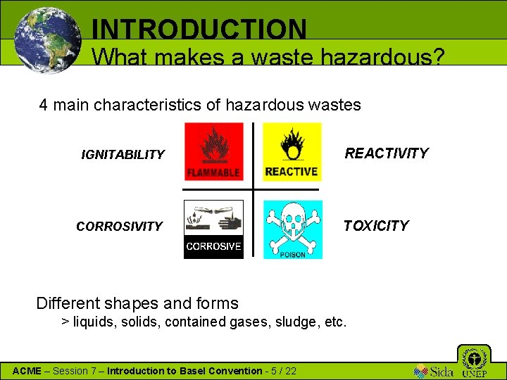 INTRODUCTION What makes a waste hazardous? 4 main characteristics of hazardous wastes IGNITABILITY CORROSIVITY