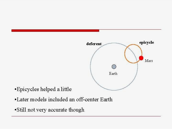 epicycle deferent Mars Earth • Epicycles helped a little • Later models included an