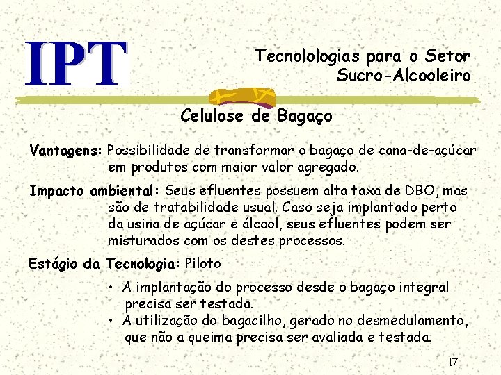 Tecnolologias para o Setor Sucro-Alcooleiro Celulose de Bagaço Vantagens: Possibilidade de transformar o bagaço