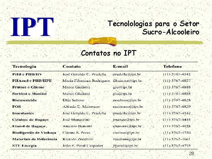 Tecnolologias para o Setor Sucro-Alcooleiro Contatos no IPT 28 