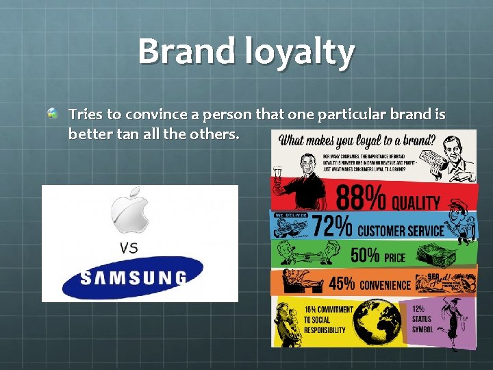 Brand loyalty Tries to convince a person that one particular brand is better tan