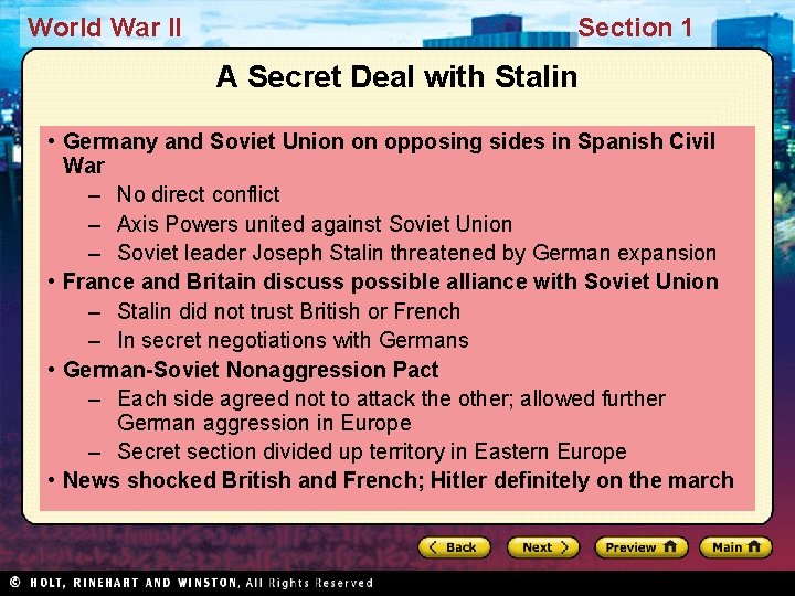 World War II Section 1 A Secret Deal with Stalin • Germany and Soviet