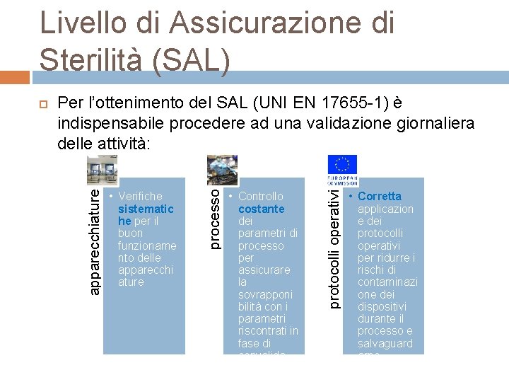 Livello di Assicurazione di Sterilità (SAL) • Controllo costante dei parametri di processo per