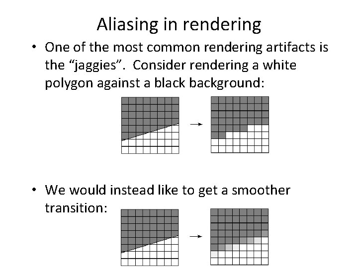 Aliasing in rendering • One of the most common rendering artifacts is the “jaggies”.