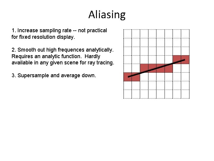 Aliasing 1. Increase sampling rate -- not practical for fixed resolution display. 2. Smooth