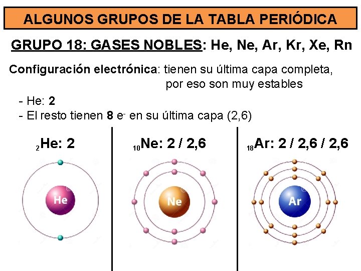 ALGUNOS GRUPOS DE LA TABLA PERIÓDICA GRUPO 18: GASES NOBLES: He, Ne, Ar, Kr,