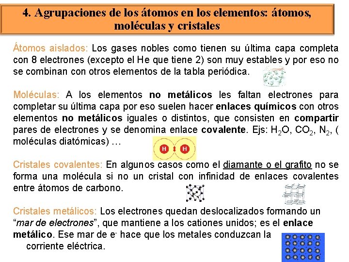 4. Agrupaciones de los átomos en los elementos: átomos, moléculas y cristales Átomos aislados: