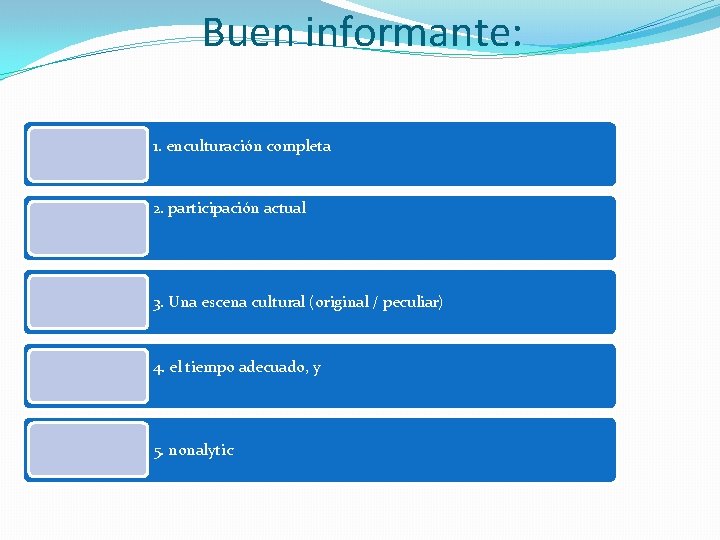 Buen informante: 1. enculturación completa 2. participación actual 3. Una escena cultural (original /