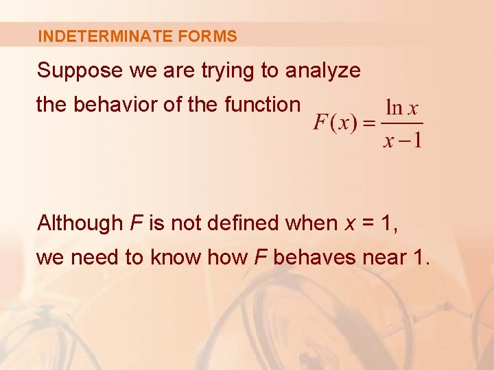 INDETERMINATE FORMS Suppose we are trying to analyze the behavior of the function Although