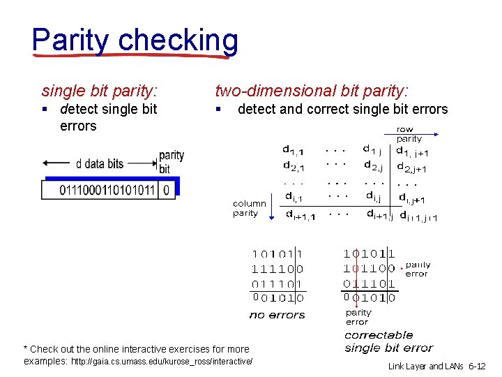Parity checking single bit parity: two-dimensional bit parity: § detect single bit errors §