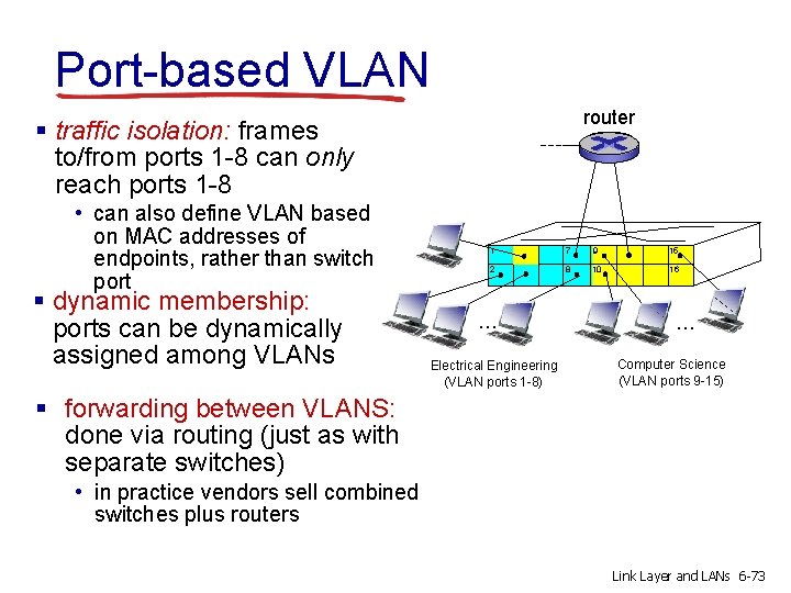 Port-based VLAN router § traffic isolation: frames to/from ports 1 -8 can only reach