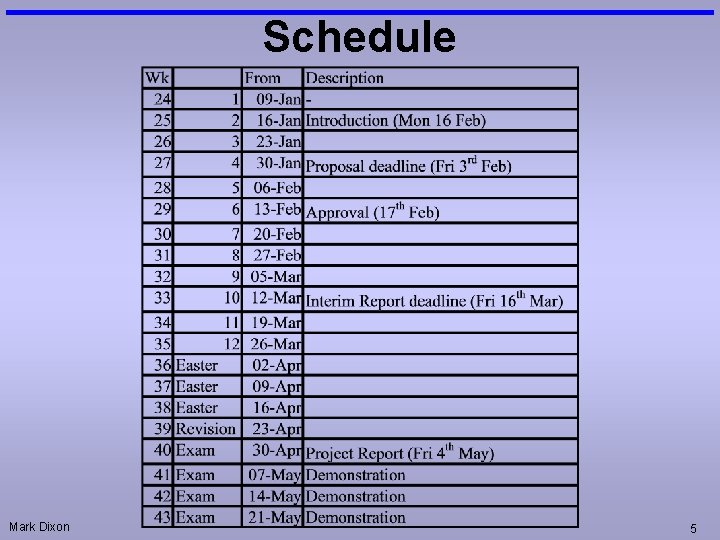 Schedule Mark Dixon 5 