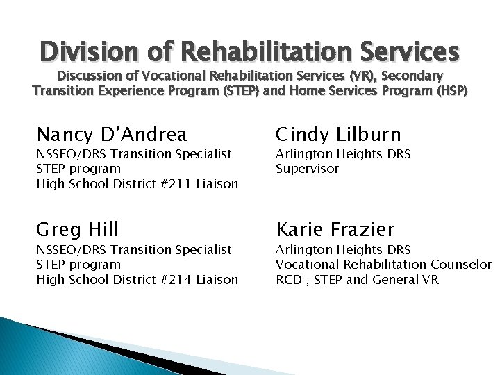 Division of Rehabilitation Services Discussion of Vocational Rehabilitation Services (VR), Secondary Transition Experience Program