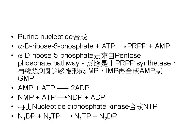  • Purine nucleotide合成 • -D-ribose-5 -phosphate + ATP PRPP + AMP • -D-ribose-5