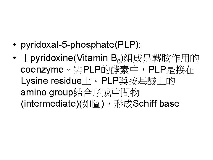  • pyridoxal-5 -phosphate(PLP): • 由pyridoxine(Vitamin B 6)組成是轉胺作用的 coenzyme。需PLP的酵素中，PLP是接在 Lysine residue上。PLP與胺基酸上的 amino group結合形成中間物 (intermediate)(如圖)，形成Schiff