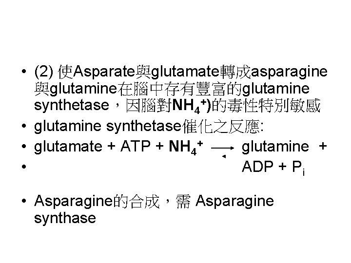  • (2) 使Asparate與glutamate轉成asparagine 與glutamine在腦中存有豐富的glutamine synthetase，因腦對NH 4+)的毒性特別敏感 • glutamine synthetase催化之反應: • glutamate + ATP