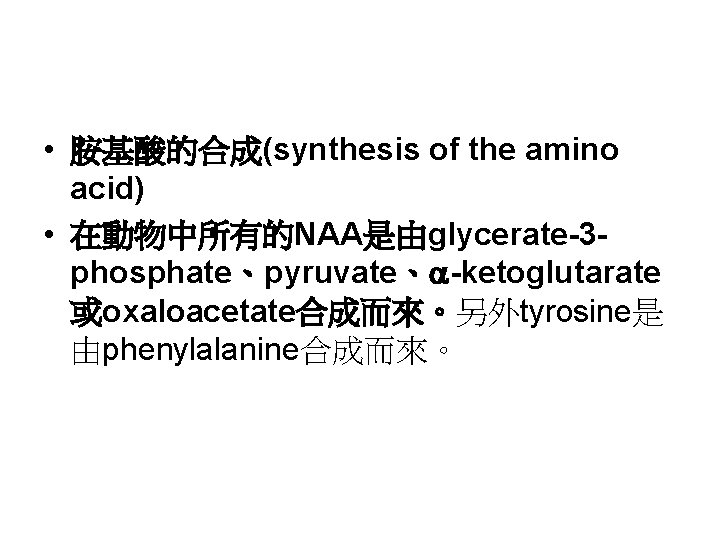  • 胺基酸的合成(synthesis of the amino acid) • 在動物中所有的NAA是由glycerate-3 phosphate、pyruvate、 -ketoglutarate 或oxaloacetate合成而來。另外tyrosine是 由phenylalanine合成而來。 