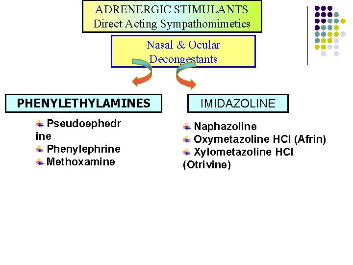 ADRENERGIC STIMULANTS Direct Acting Sympathomimetics Nasal & Ocular Decongestants PHENYLETHYLAMINES Pseudoephedr ine Phenylephrine Methoxamine ADRENERGIC STIMULANTS Direct Acting Sympathomimetics Nasal & Ocular Decongestants PHENYLETHYLAMINES Pseudoephedr ine Phenylephrine Methoxamine