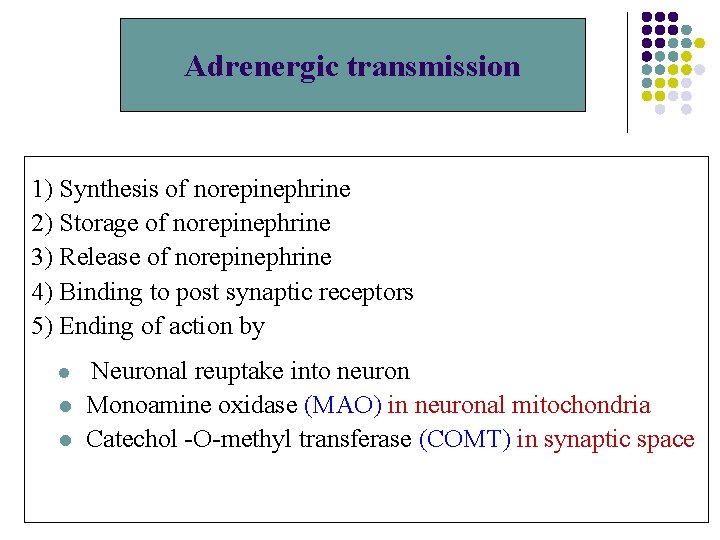 Adrenergic transmission 1) Synthesis of norepinephrine 2) Storage of norepinephrine 3) Release of norepinephrine Adrenergic transmission 1) Synthesis of norepinephrine 2) Storage of norepinephrine 3) Release of norepinephrine