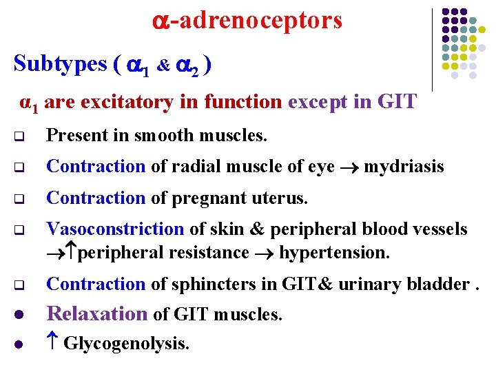 -adrenoceptors Subtypes ( 1 & 2 ) α 1 are excitatory in function -adrenoceptors Subtypes ( 1 & 2 ) α 1 are excitatory in function