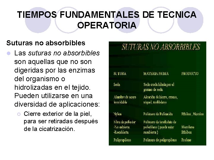 TIEMPOS FUNDAMENTALES DE TECNICA OPERATORIA Suturas no absorbibles l Las suturas no absorbibles son