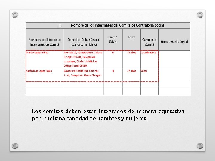 Los comités deben estar integrados de manera equitativa por la misma cantidad de hombres