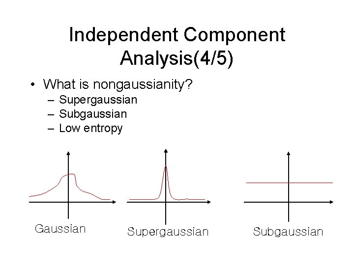 Independent Component Analysis(4/5) • What is nongaussianity? – Supergaussian – Subgaussian – Low entropy
