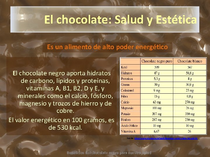 El chocolate: Salud y Estética Es un alimento de alto poder energético El chocolate