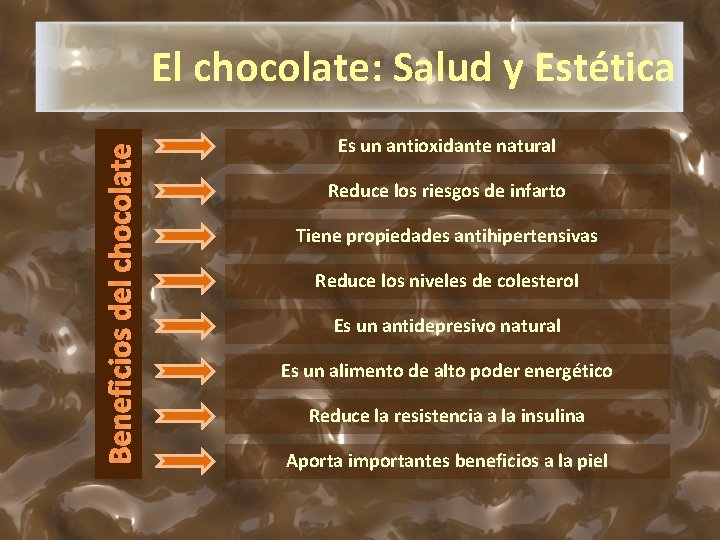 Beneficios del chocolate El chocolate: Salud y Estética Es un antioxidante natural Reduce los