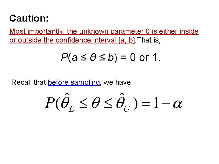 Caution: Most importantly, the unknown parameter θ is either inside or outside the confidence