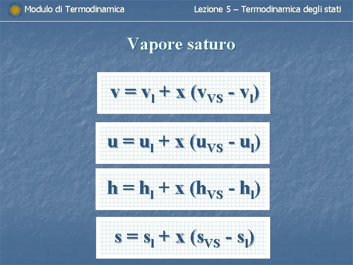 Modulo di Termodinamica Lezione 5 – Termodinamica degli stati Vapore saturo v = vl Modulo di Termodinamica Lezione 5 – Termodinamica degli stati Vapore saturo v = vl