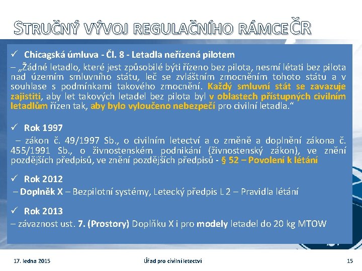 STRUČNÝ VÝVOJ REGULAČNÍHO RÁMCE ČR ü Chicagská úmluva - Čl. 8 - Letadla neřízená