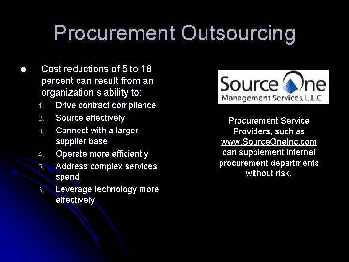 Procurement Outsourcing l Cost reductions of 5 to 18 percent can result from an