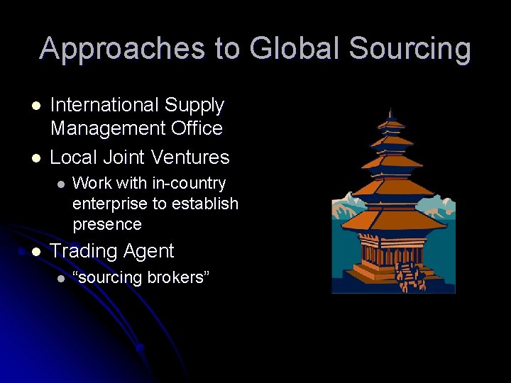 Approaches to Global Sourcing l l International Supply Management Office Local Joint Ventures l