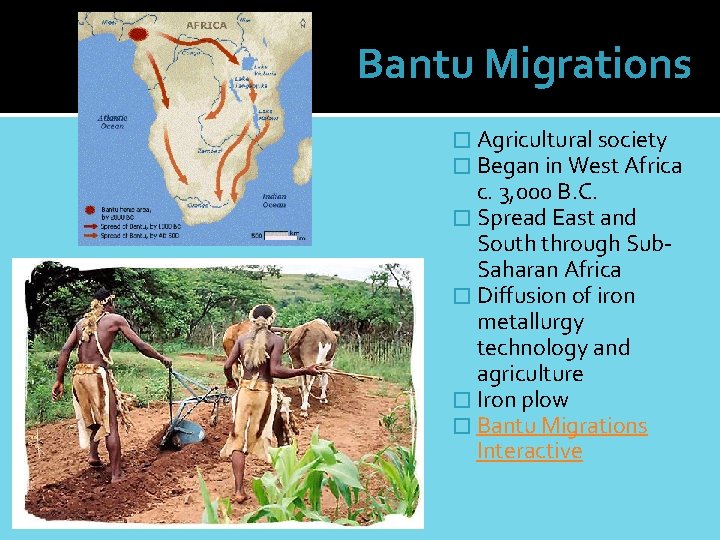 Bantu Migrations � Agricultural society � Began in West Africa c. 3, 000 B.