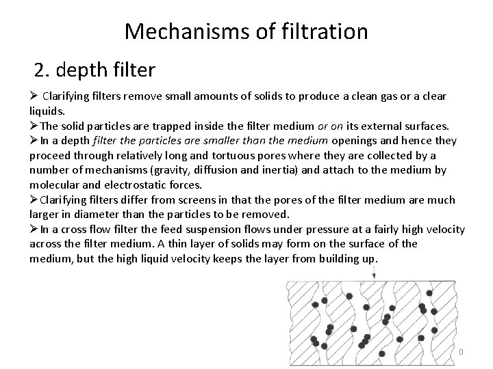 Mechanisms of filtration 2. depth filter Ø Clarifying filters remove small amounts of solids